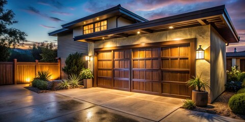 Fototapeta premium San Diego Home Low Light Photography: Glass Garage Door, Wooden Gate, Night Scene