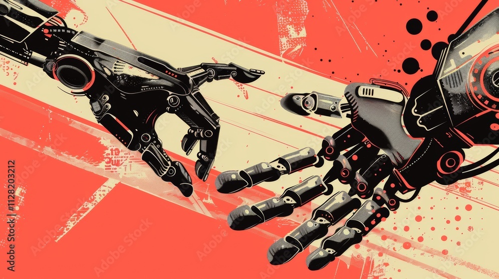 Poster cybernetic connection: two robotic hands reaching across a digital divide