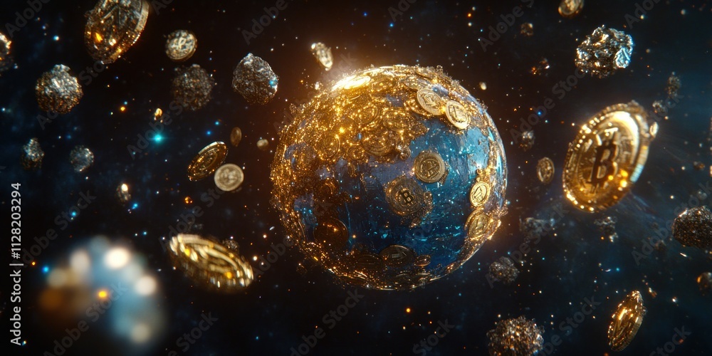 Poster A digital representation of a globe surrounded by floating coins, symbolizing cryptocurrency.