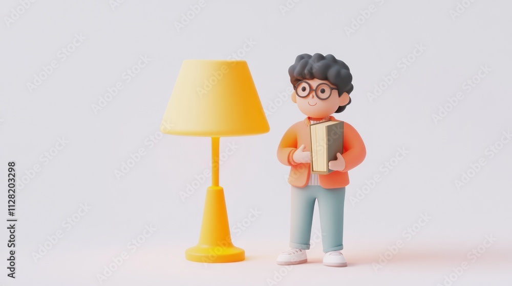 Poster a 3d character holding a book next to a yellow lamp in a minimalist setting.