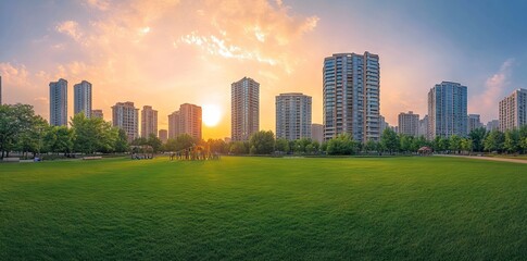 Obraz premium Modern City Park with High-Rise Buildings at Sunset AI generated illustration