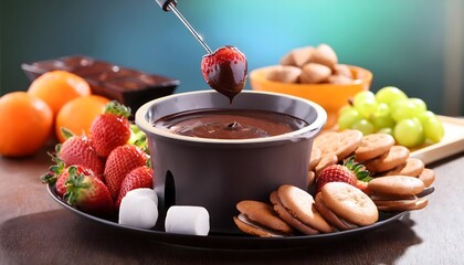 Rich chocolate fondue served with fruits, marshmallows, and cookies for dipping