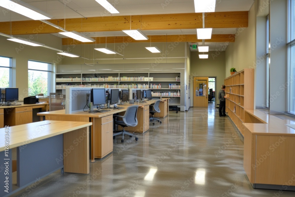 Poster modern library interior with computers and shelves, designed for study and research.