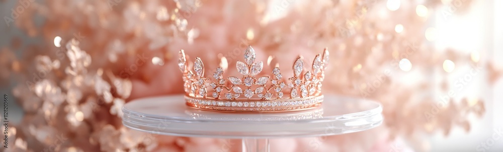 Poster a delicate crown displayed on a stand, surrounded by soft pink decorations.