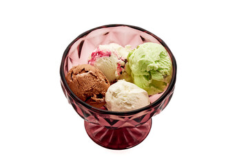 A bowl of ice cream with four different flavors