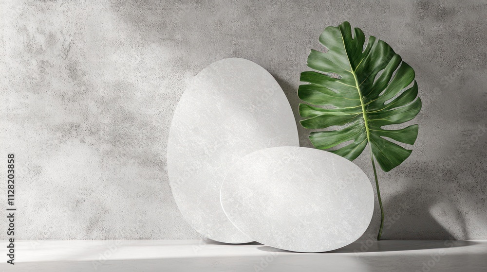 Poster minimalist display featuring two white shapes and a large green leaf against a textured wall.