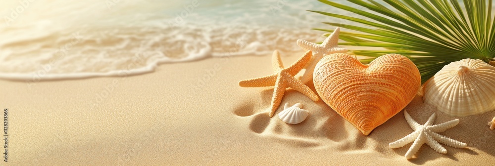 Poster A serene beach scene with shells and a heart-shaped shell on sandy shore.
