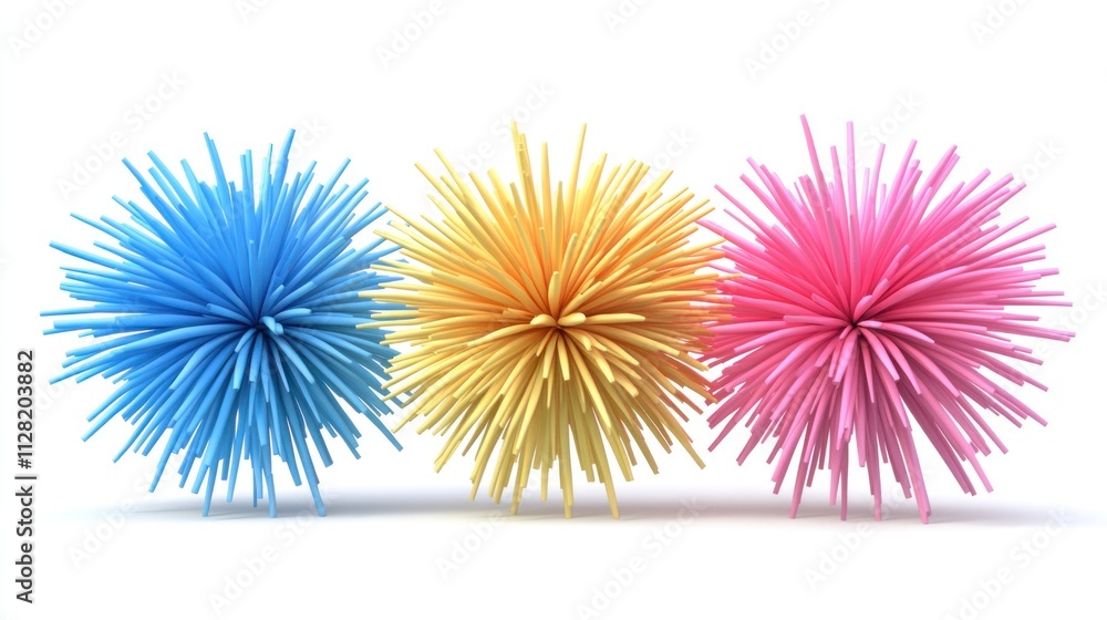 Poster three colorful, spiky spheres arranged in a row on a white background.
