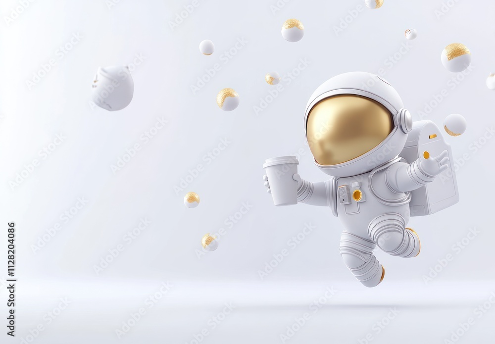 Poster a cute astronaut character joyfully holding a coffee cup amidst floating objects.