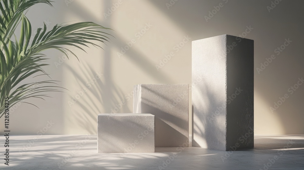 Poster minimalist display of three geometric blocks with soft lighting and a plant in the background.