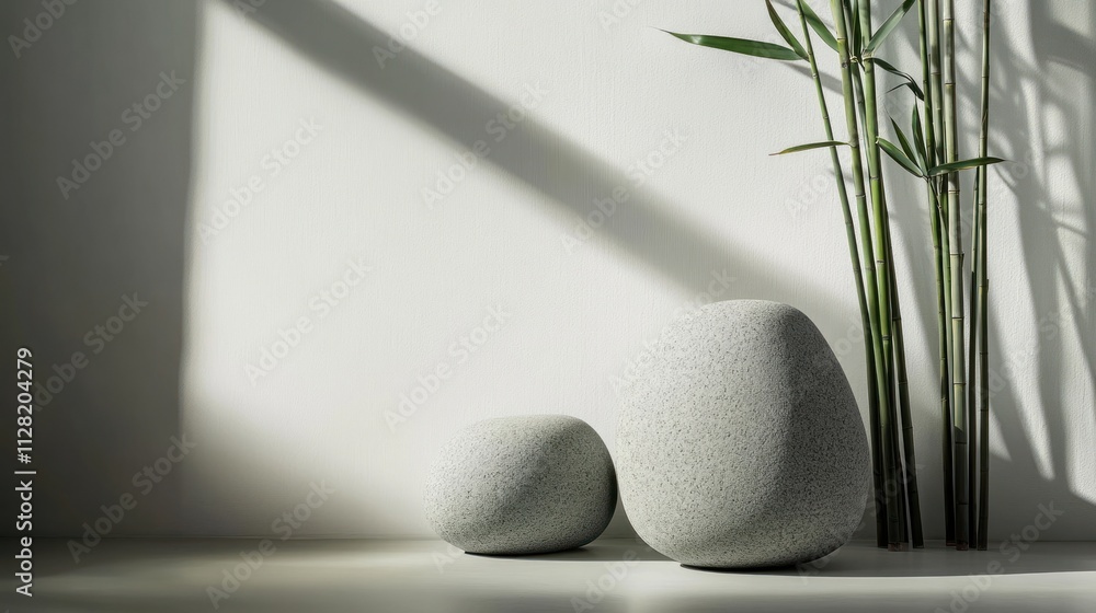Poster a serene composition featuring smooth stones and bamboo in soft light.