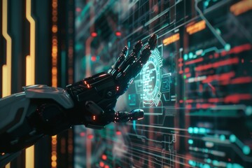Robotic Hand Interacting with Futuristic Digital Interface Technological Advancement in Artificial Intelligence