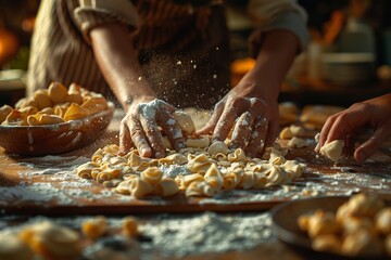 Rustic Italian Cuisine Celebration with Homemade Pasta Preparation on Wooden Table Flour Dust Spreading Artisan Cookinghandmade pasta