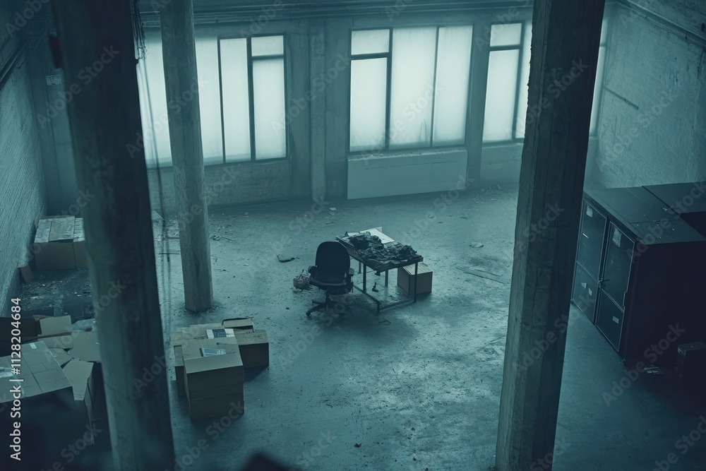 Poster A desolate office space with a lone desk and scattered boxes, evoking abandonment.