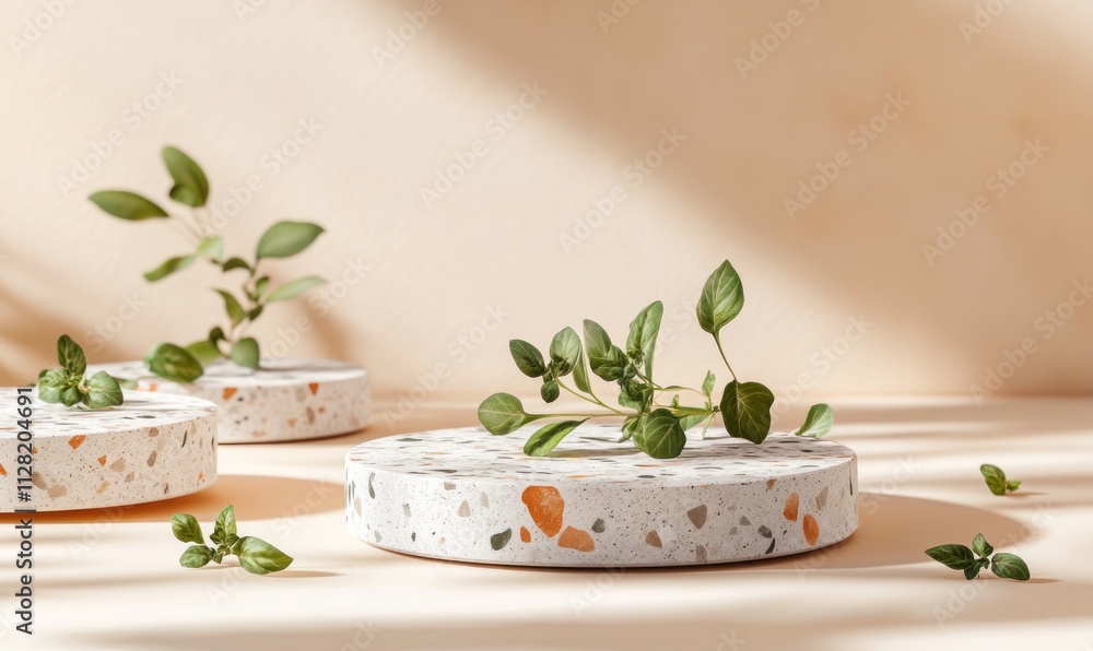 Poster a serene display of terrazzo coasters with fresh herbs on a soft, neutral background.