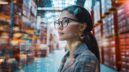 Thoughtful young woman analyzing data in a modern warehouse with technology overlay representing logistics and supply chain management concepts