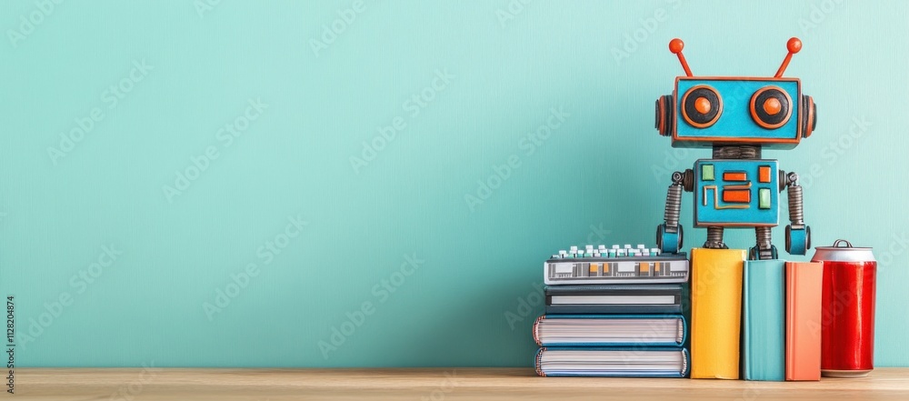 Aufkleber a colorful robot toy stands on a shelf beside books and a can, against a teal background.