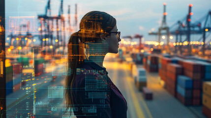 Woman in Glasses with Digital Overlay Contemplating Shipping Yard Operations and Logistics with Cranes and Containers at Twilight