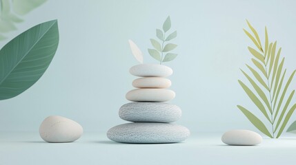 Obraz premium A 3D illustration of a calming stone stack, featuring wellness symbols like leaves, representing stress management on a white background.