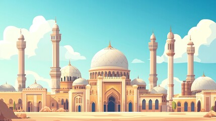 Fototapeta premium Islamic City Urban landscape with traditional buildings on cartoon background with architectural objects.