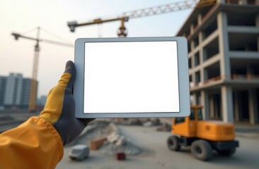 Mock up for construction business: blank white tablet screen in hands of builder in work gloves. In the background is a construction site, cranes, construction machines, unfinished building