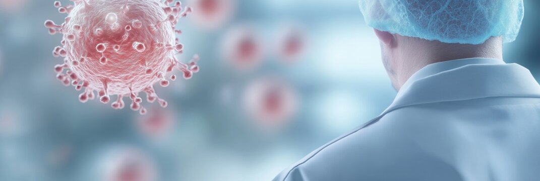 A focused medical professional in a sterile environment, observing a viral health crisis depicted by a digitally illustrated virus overlay, emphasizing the importance of healthcare.