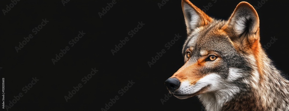 Poster a close-up of a coyote against a dark background, showcasing its features and expression.