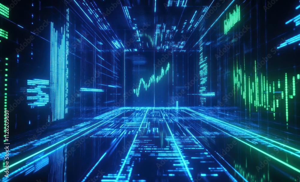 Aufkleber A digital landscape representing data streams and analytics with vibrant blue and green visuals.