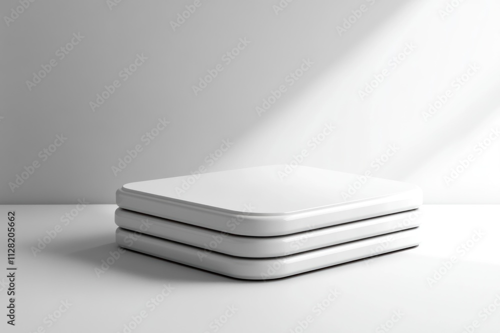 Poster A minimalist arrangement of three stacked white objects on a smooth surface.