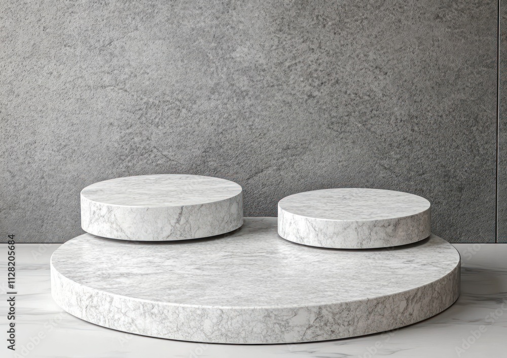 Aufkleber a minimalist display featuring circular marble platforms against a textured gray wall.