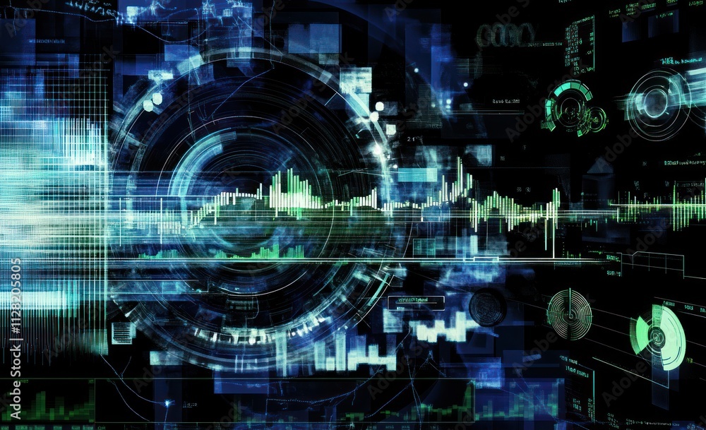 Poster Abstract digital visualization with data patterns and sound waves.
