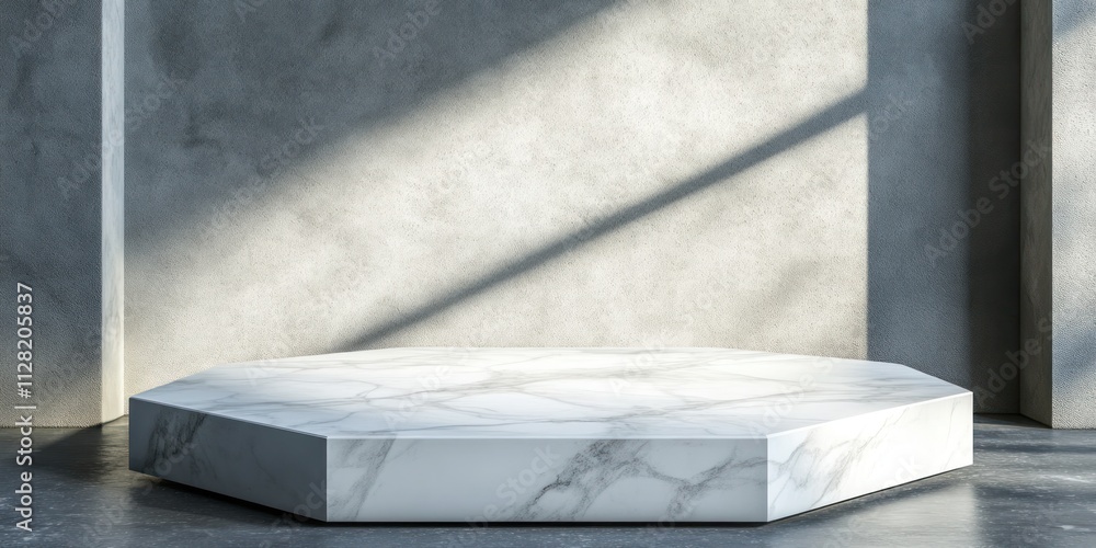 Aufkleber A minimalist octagonal marble platform in a concrete space with shadows.