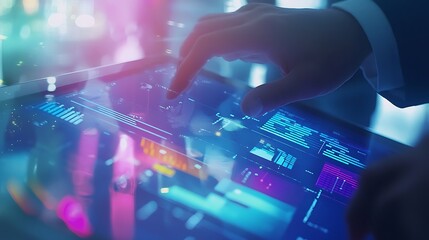 A man is using a tablet to touch a screen with a blue and purple background