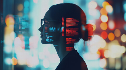 Profile of a woman in glasses contemplating data visualization against a vibrant background of lights and abstract patterns signifying technology and analysis