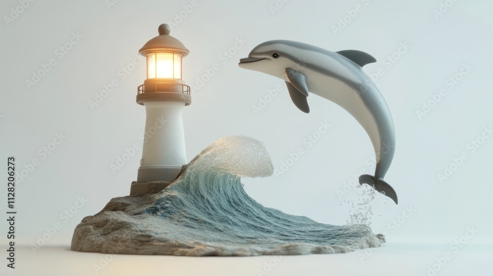 Poster a dolphin leaps next to a lighthouse on a wave, creating a serene coastal scene.