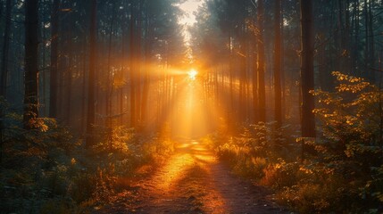 Obraz premium A sunbeam shines through the trees, illuminating a path