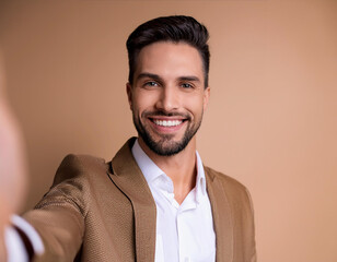 Obraz premium POV Selfie of Confident Businessman in Mocha Mousse Suit