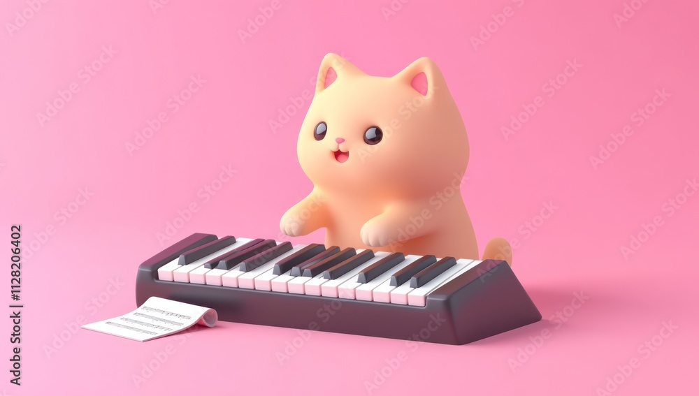 Poster a cute cartoon cat playing a keyboard with a music sheet on a pink background.