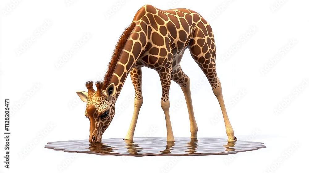 Poster a giraffe drinking from a puddle, showcasing its unique long neck and spotted pattern.
