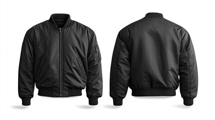 Blank jacket bomber black color isolated on white background. Bundle set of black jacket in front and back view suitable for mock up template.