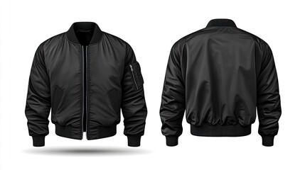 Blank jacket bomber black color isolated on white background. Bundle set of black jacket in front and back view suitable for mock up template.