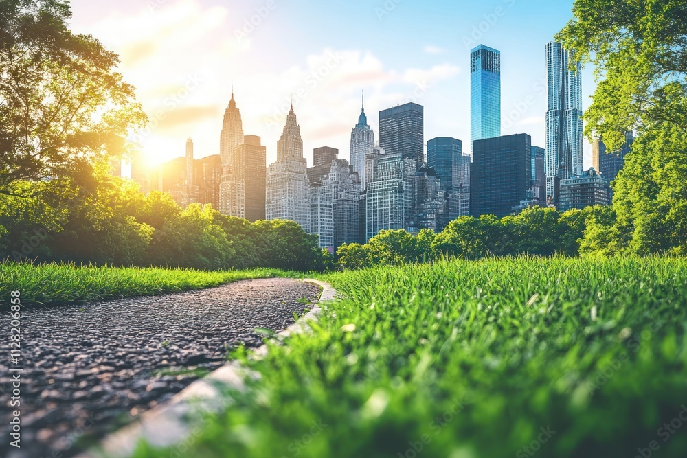 Poster scenic view of a city skyline at sunset with a grassy path in the foreground.
