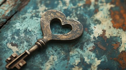 Vintage heart-shaped key on textured surface.