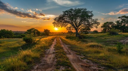 Serene Sunset Landscape: Golden Hour Path Through African Savanna
