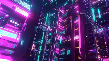 Obraz premium A neon cityscape with a purple sky and neon lights