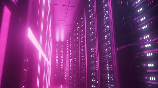A computer server room with pink lights and neon lights