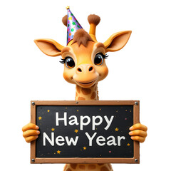 A cute 3d cartoon giraffe with colorful party hat holding "Happy New Year" sign isolated on a transparent background