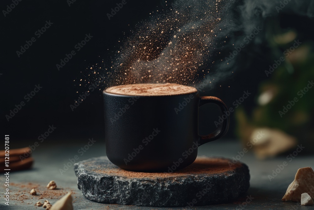 Poster a steaming cup of coffee with a sprinkle of cocoa, set on a stone surface.