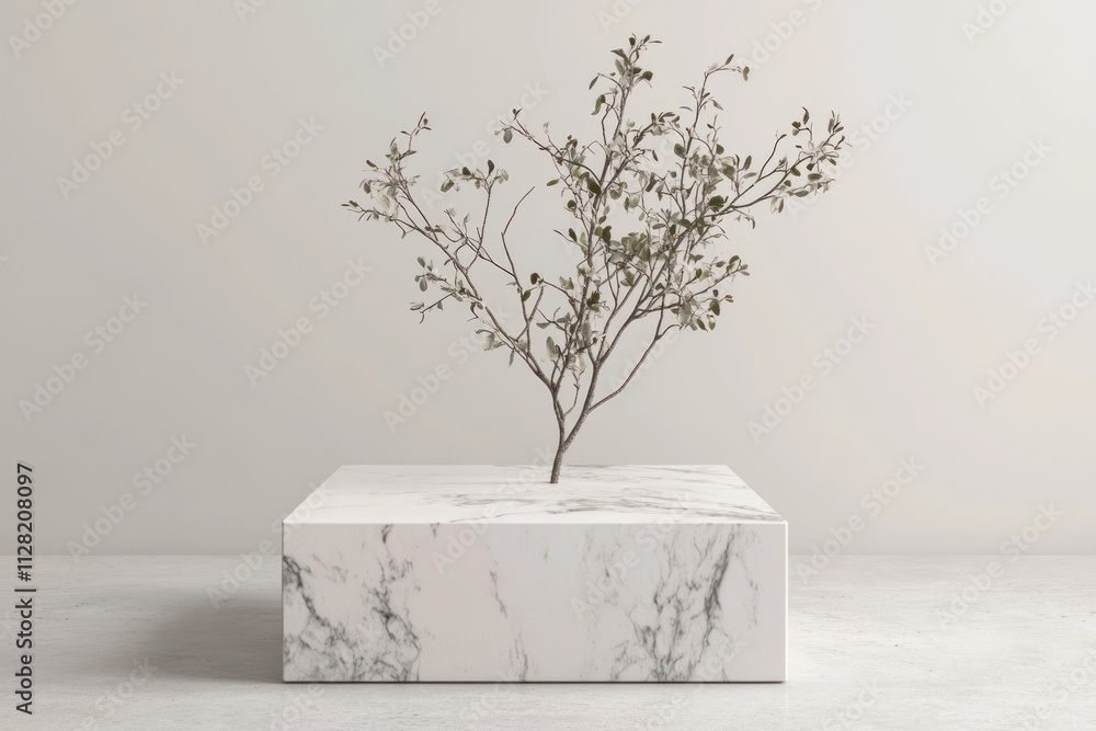 Aufkleber A minimalist display featuring a marble base with a single branch, emphasizing simplicity.