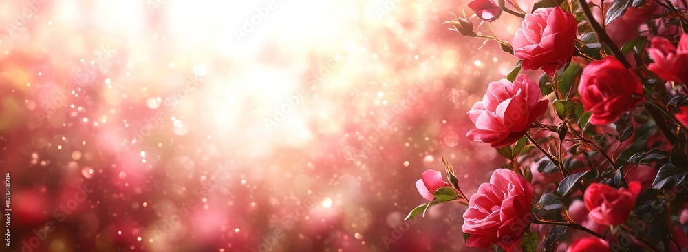Poster a serene composition of pink roses against a soft, dreamy background with bokeh effects.